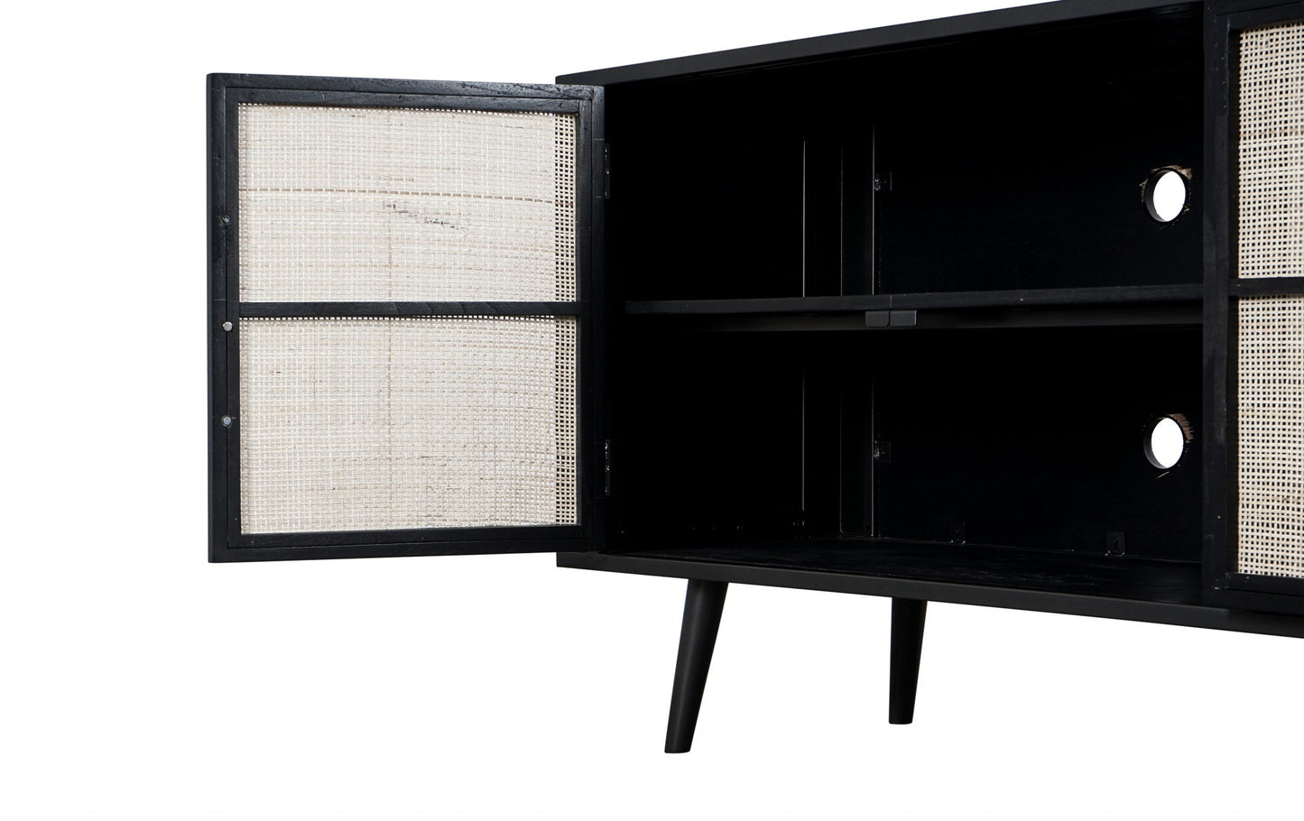 Rustic Black Natural and Rattan Media Cabinet with Four Doors By Homeroots
