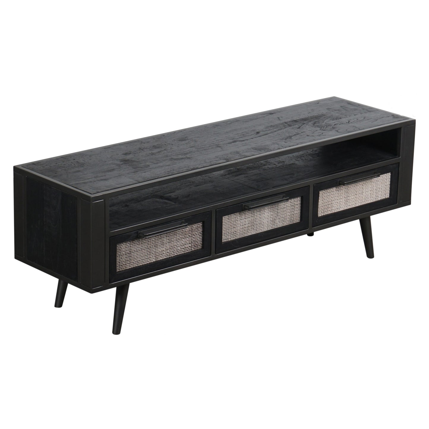 Rustic Black and Rattan TV Stand with Three Drawers By Homeroots | TV Stands | Modishstore - 2