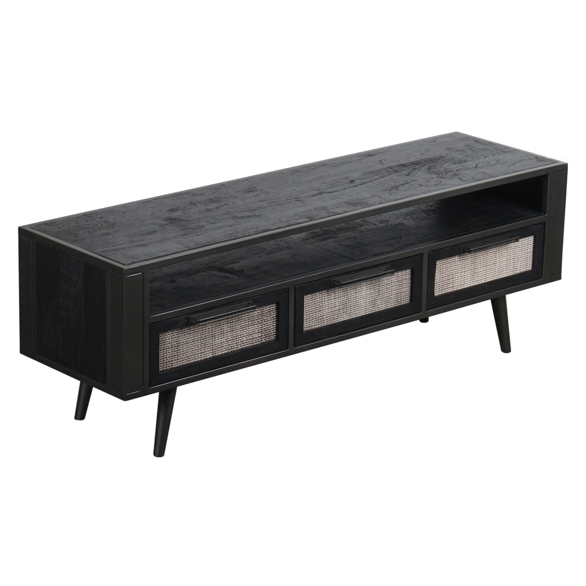 Rustic Black and Rattan TV Stand with Three Drawers By Homeroots | TV Stands | Modishstore - 2