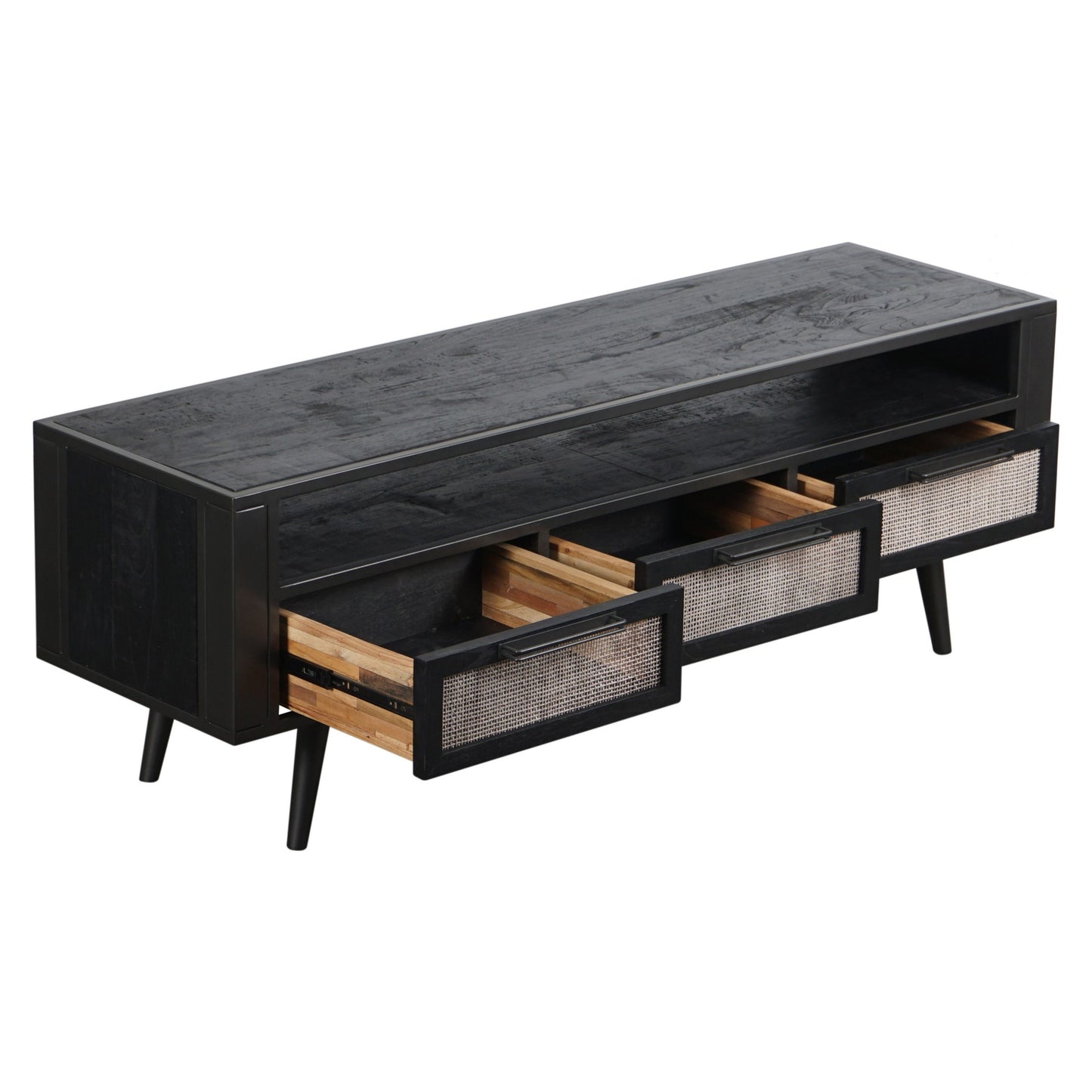 Rustic Black and Rattan TV Stand with Three Drawers By Homeroots | TV Stands | Modishstore - 3