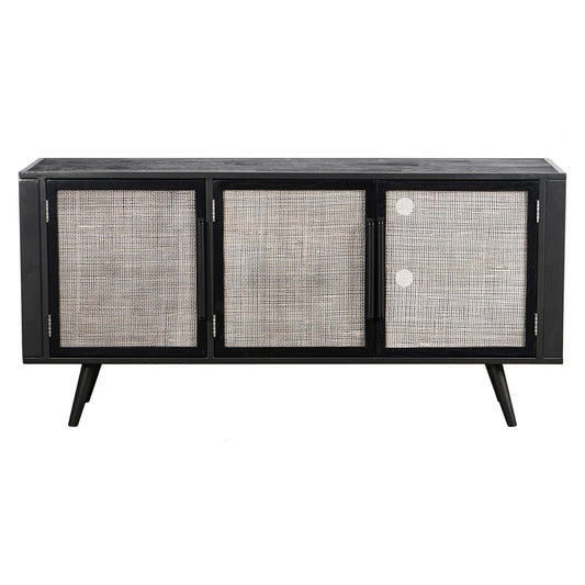 Rustic Black and Rattan Media Cabinet with Three Doors By Homeroots