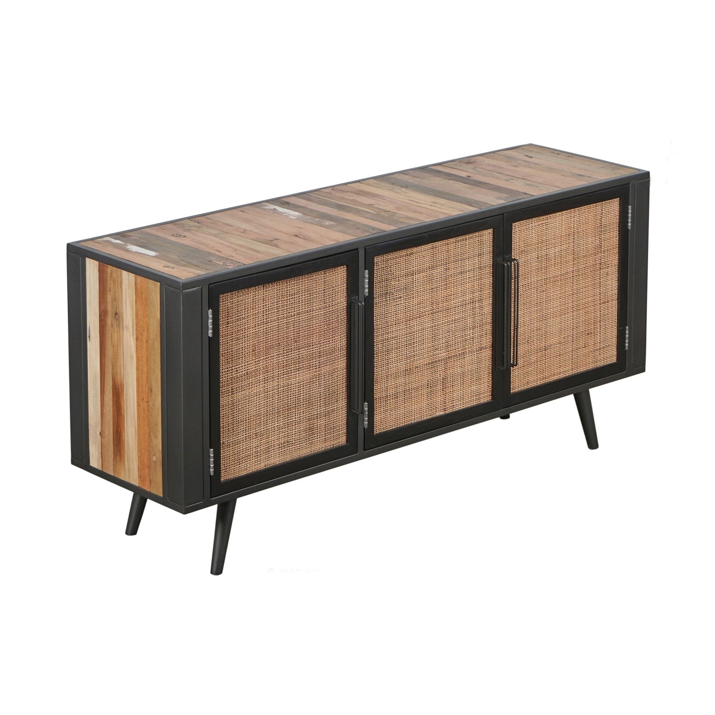Rustic Black Natural and Rattan Media Cabinet with Three Doors By Homeroots