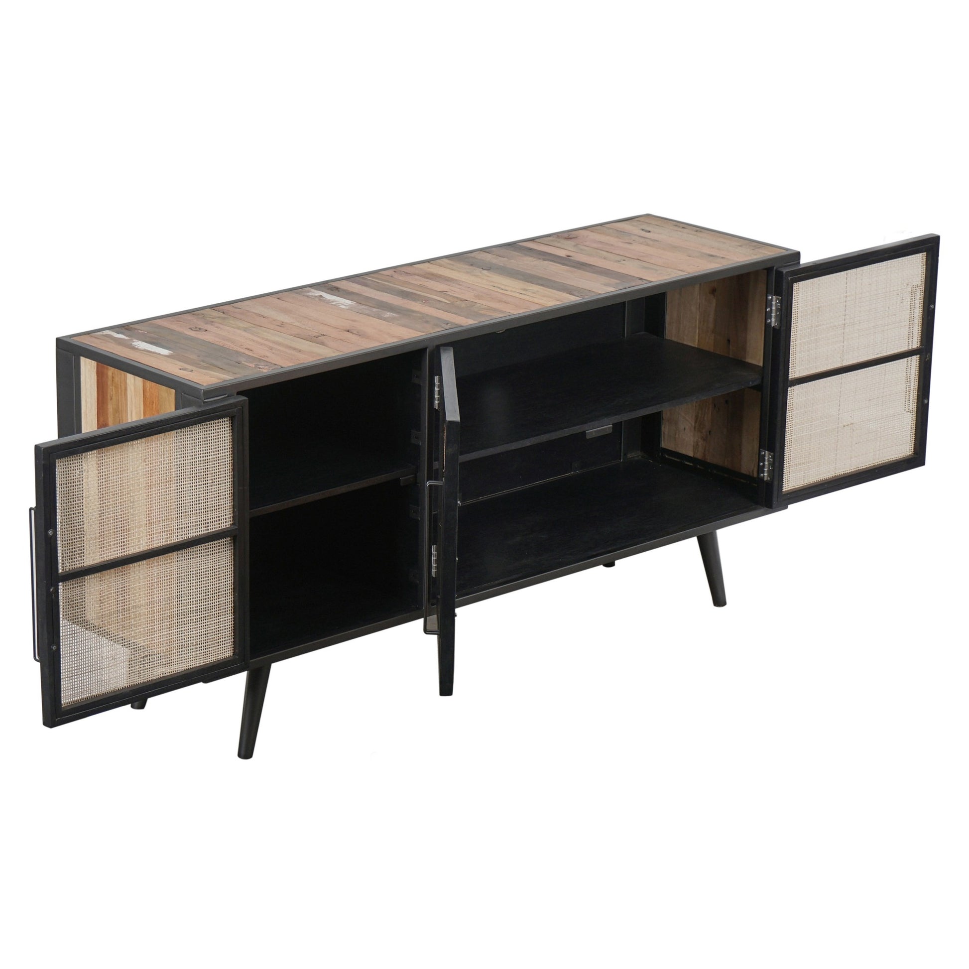Rustic Black Natural and Rattan Media Cabinet with Three Doors By Homeroots | TV Stands | Modishstore - 3