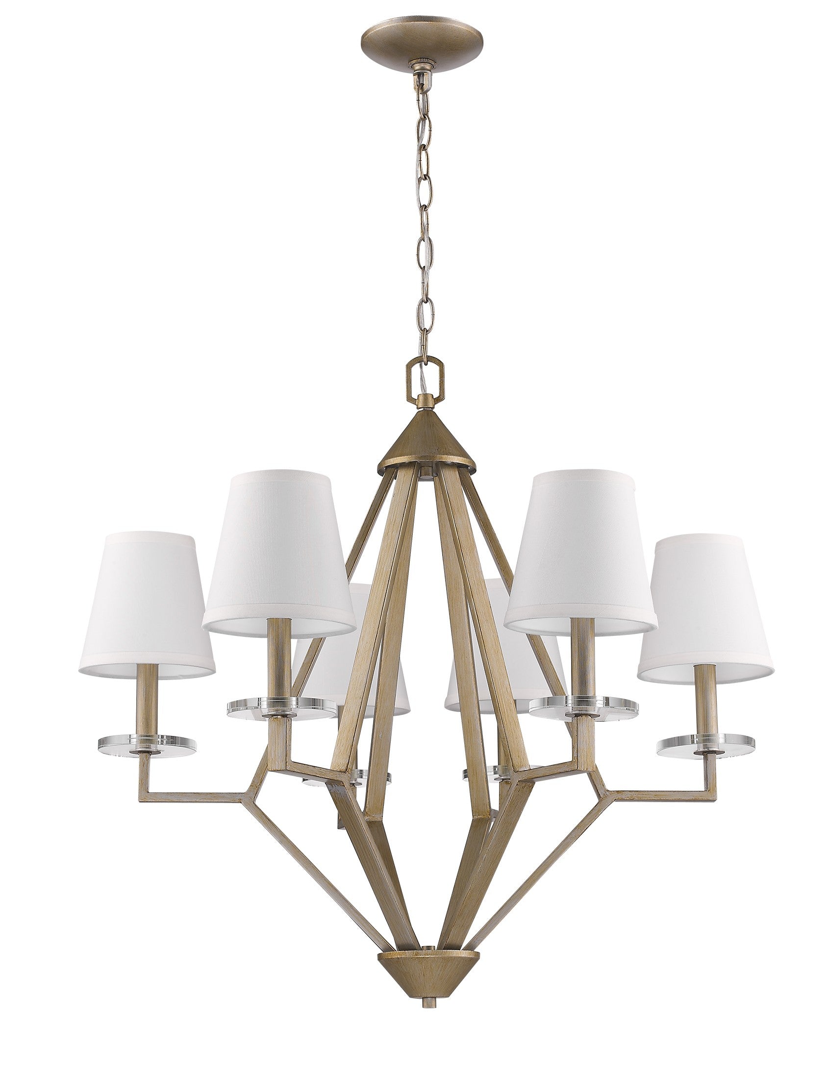 Easton 6-Light Washed Gold Chandelier With Crystal Bobeches And White Fabric Shades By Homeroots | Chandeliers | Modishstore