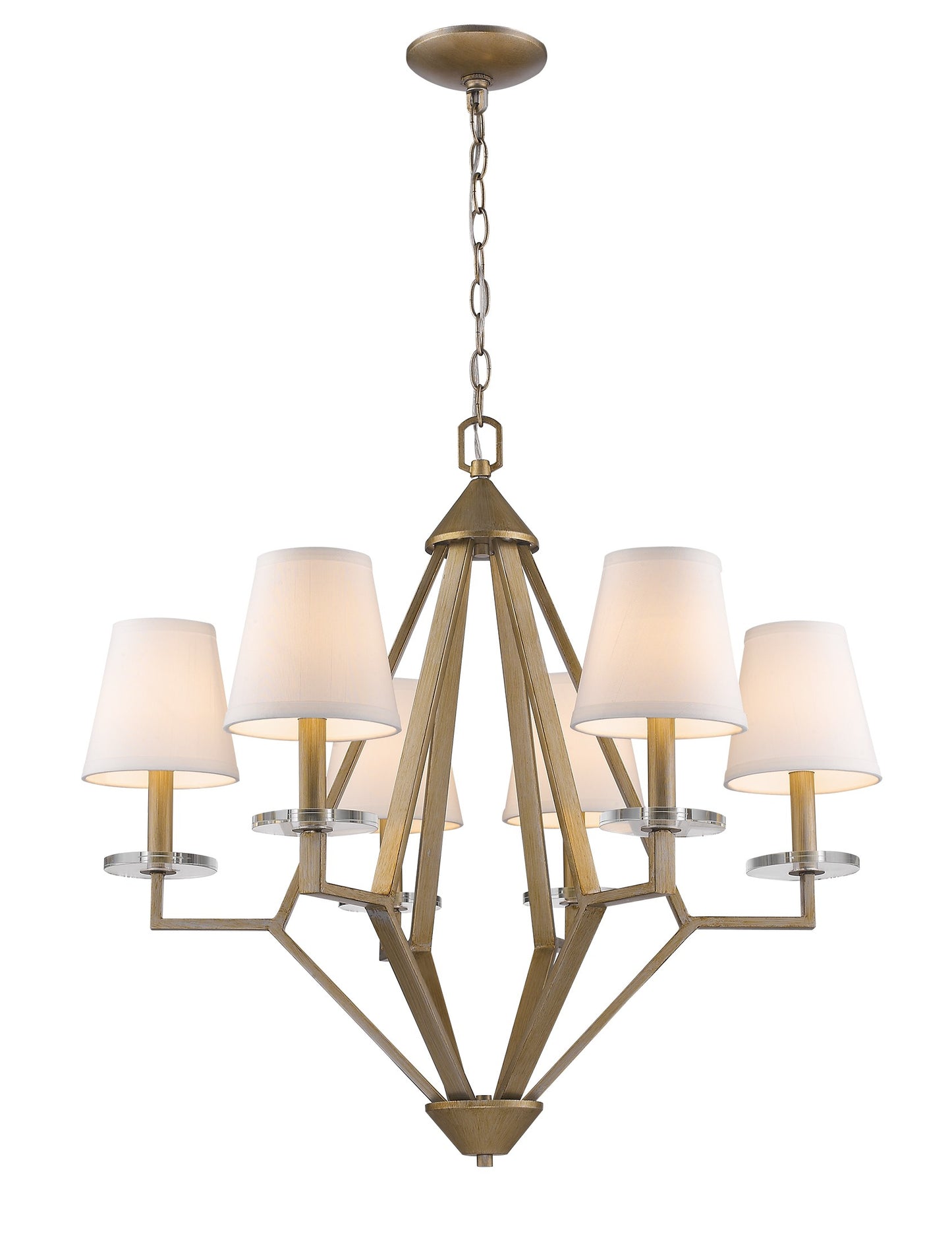 Easton 6-Light Washed Gold Chandelier With Crystal Bobeches And White Fabric Shades By Homeroots | Chandeliers | Modishstore - 2