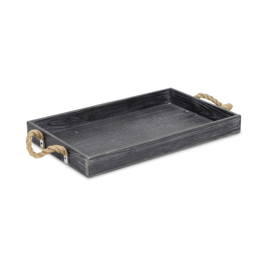 Black Wooden Tray With Rope Handles By Homeroots | Trays | Modishstore