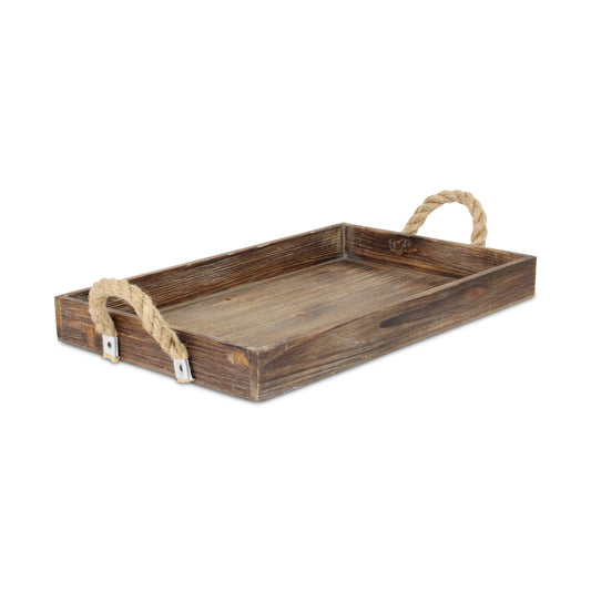 Dark Brown Wooden Tray With Rope Handles By Homeroots | Trays | Modishstore