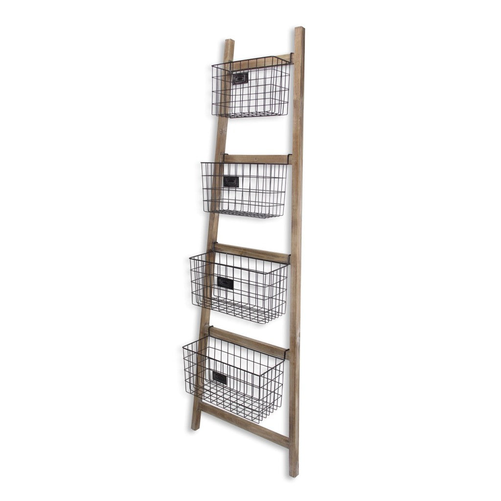 Wooden Ladder Storage Piece with 4 Baskets By Homeroots | Room Dividers | Modishstore - 2