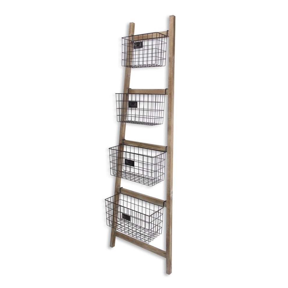 Wooden Ladder Storage Piece with 4 Baskets By Homeroots | Room Dividers | Modishstore - 2