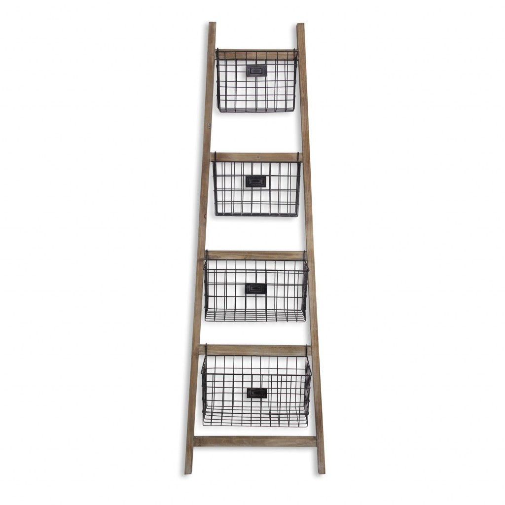 Wooden Ladder Storage Piece with 4 Baskets By Homeroots | Room Dividers | Modishstore - 3