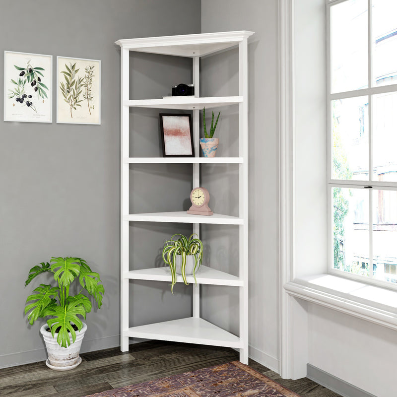 White Five Tier Solid Wood Corner Bookcase By Homeroots | Bookcases | Modishstore - 2