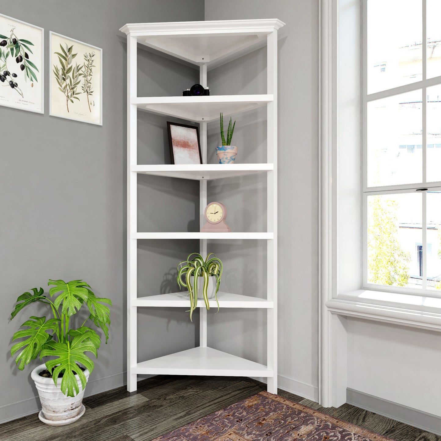 White Five Tier Solid Wood Corner Bookcase By Homeroots | Bookcases | Modishstore - 5