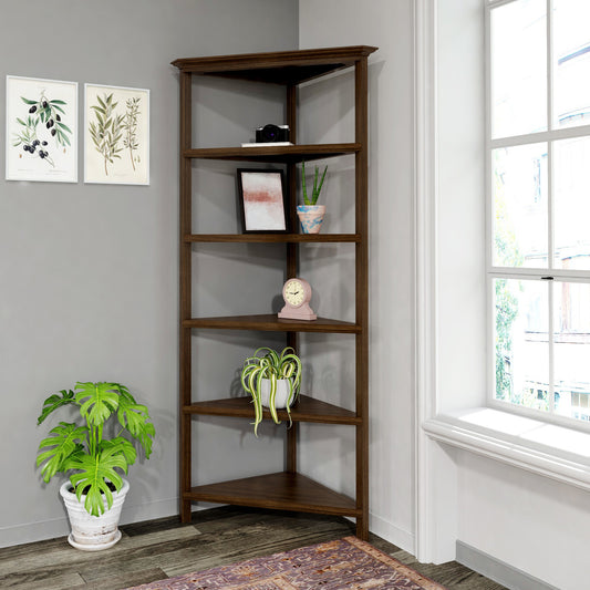 Walnut Five Tier Solid Wood Corner Bookcase By Homeroots | Bookcases | Modishstore