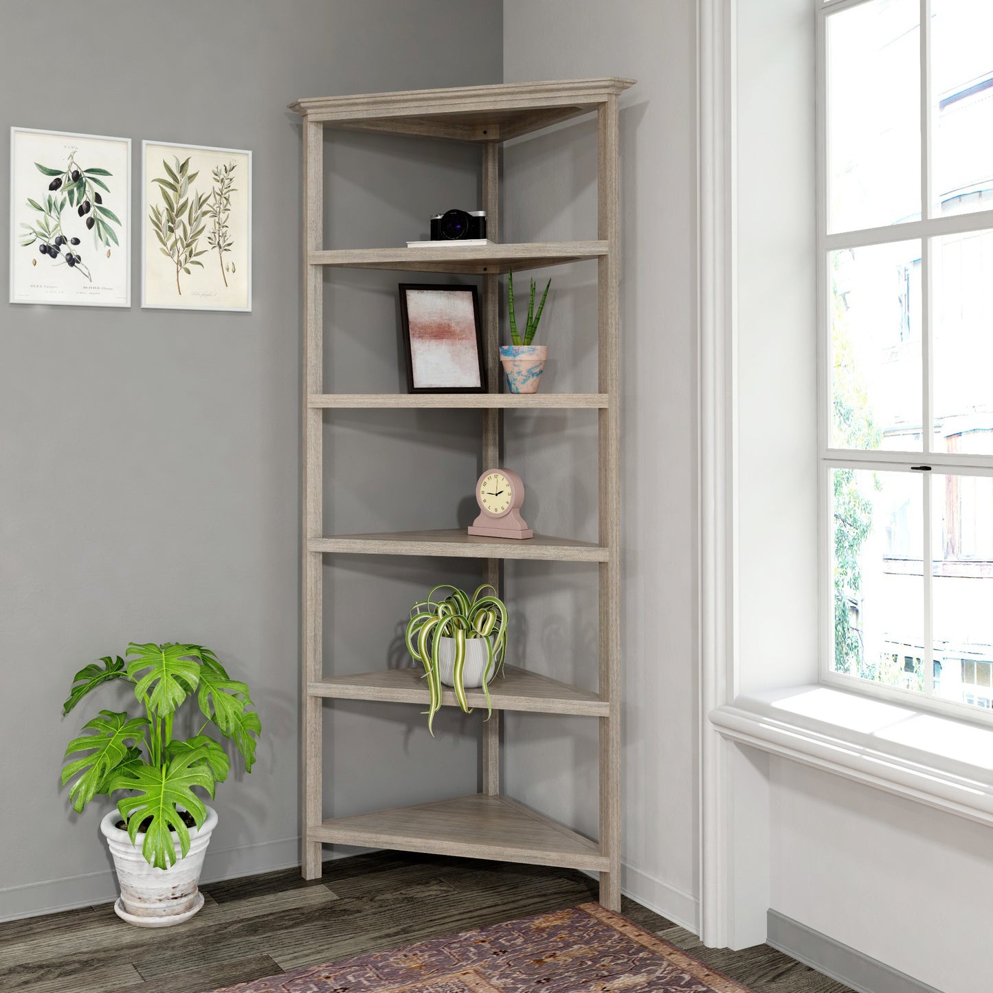 Gray Five Tier Solid Wood Corner Bookcase By Homeroots | Bookcases | Modishstore - 4