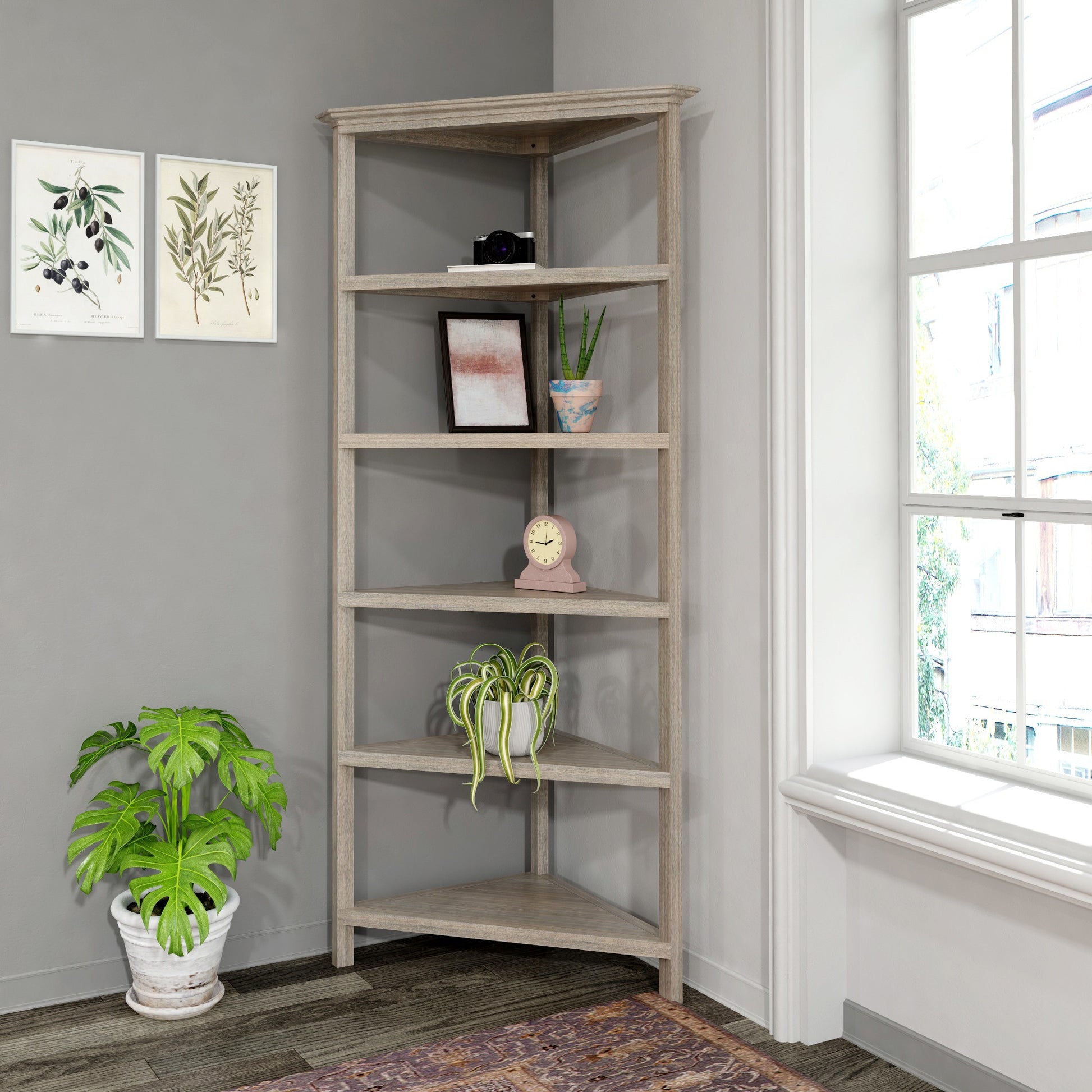 Gray Five Tier Solid Wood Corner Bookcase By Homeroots | Bookcases | Modishstore - 4