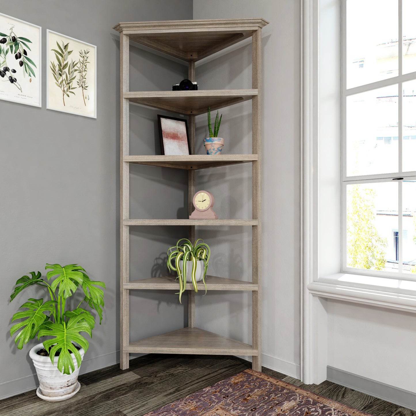 Gray Five Tier Solid Wood Corner Bookcase By Homeroots | Bookcases | Modishstore