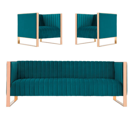 Manhattan Comfort Trillium 3-Piece Teal and Rose Gold Sofa and Armchair Set | Sofas | Modishstore