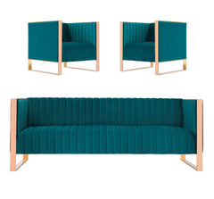 Manhattan Comfort Trillium 3-Piece Teal and Rose Gold Sofa and Armchair Set