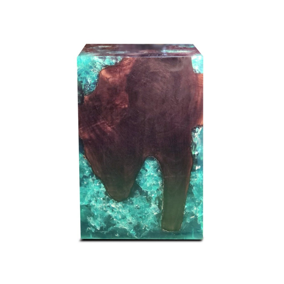 Cracked Resin Teak Wood Block -Black/Green | Petrified Wood Stools | Modishstore - 2