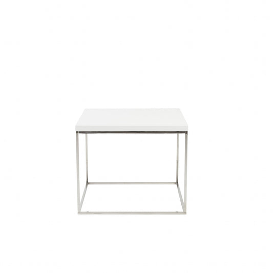 Modern White Gloss and Chrome Cube Side Table By Homeroots | Side Tables | Modishstore
