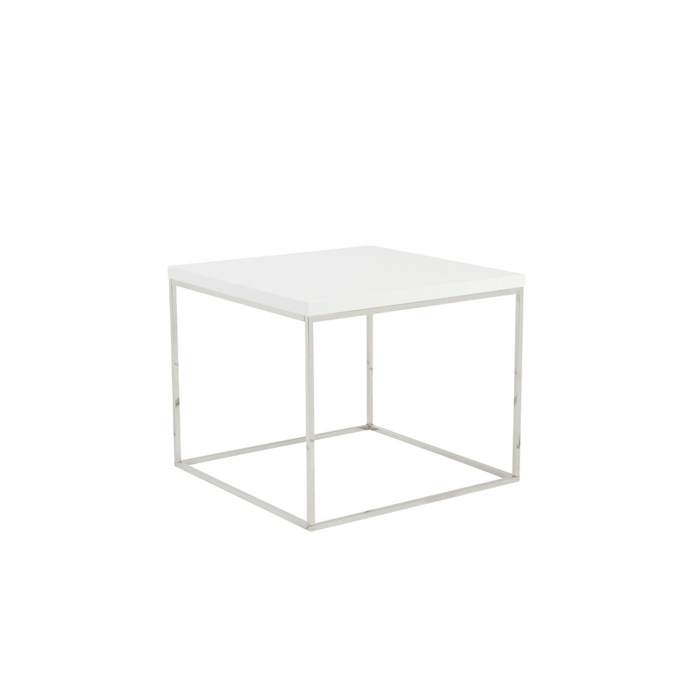 Modern White Gloss and Chrome Cube Side Table By Homeroots | Side Tables | Modishstore - 2