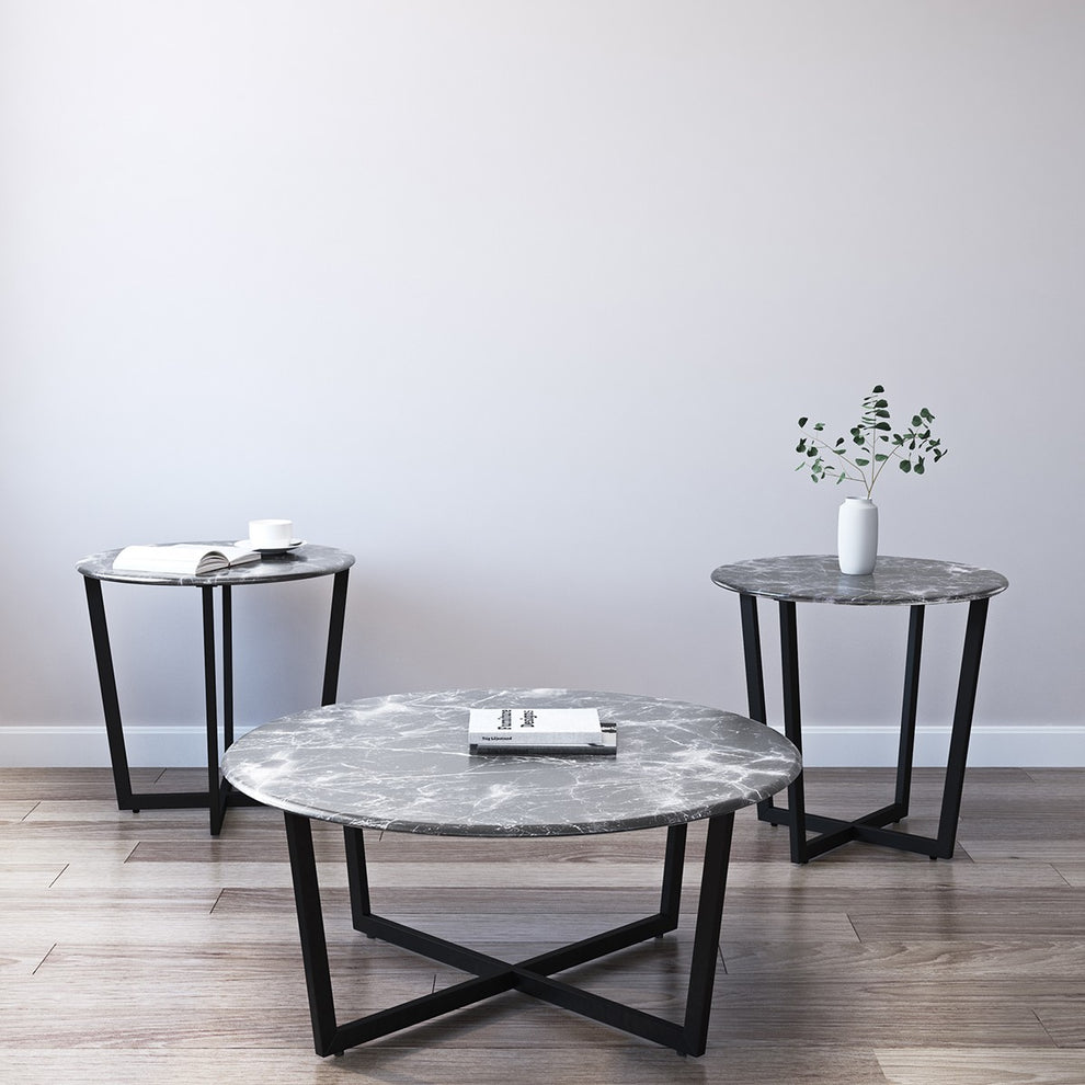 Mod Geo Black and Black Round Faux Marble Side Table By Homeroots | Side Tables | Modishstore - 6