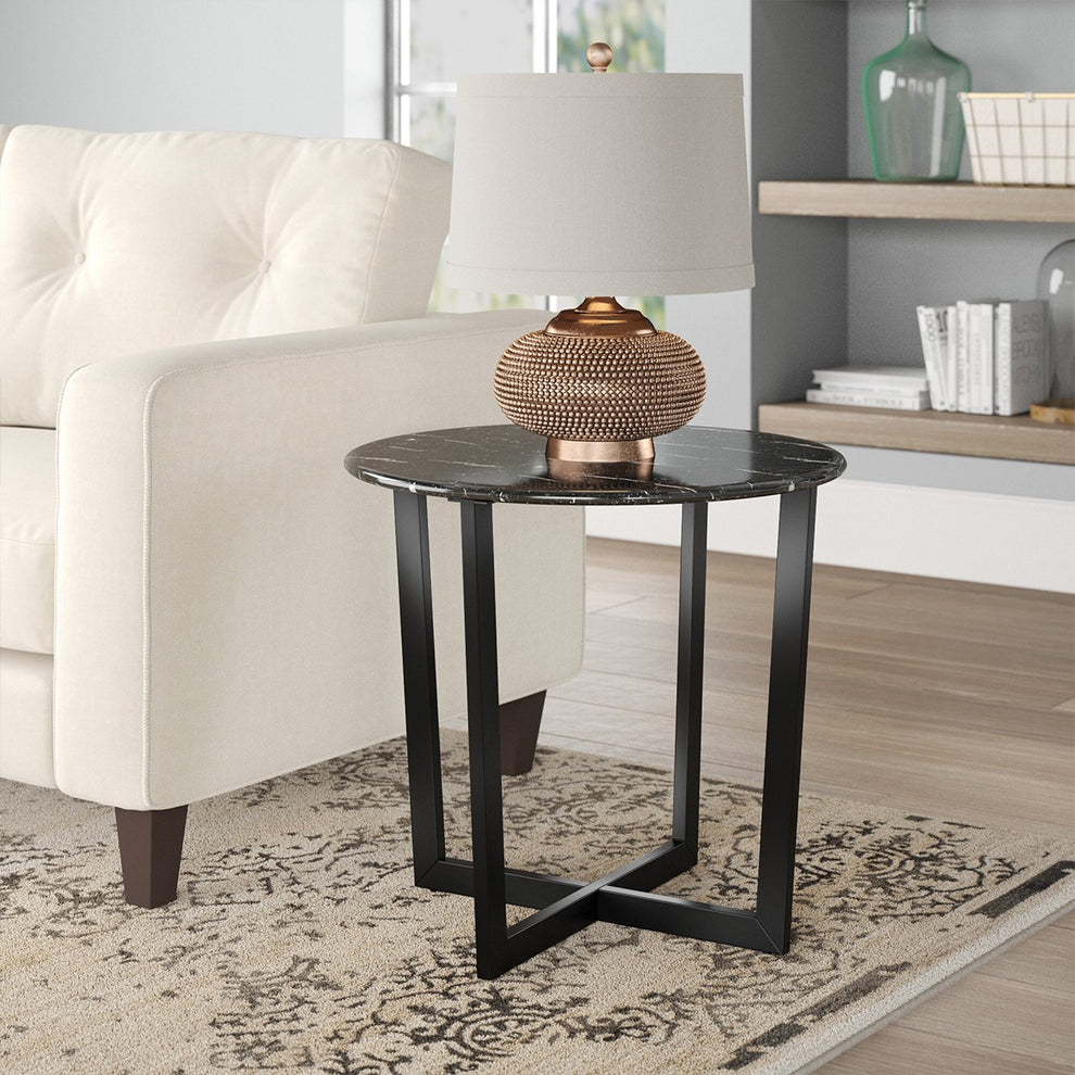 Mod Geo Black and Black Round Faux Marble Side Table By Homeroots | Side Tables | Modishstore - 7