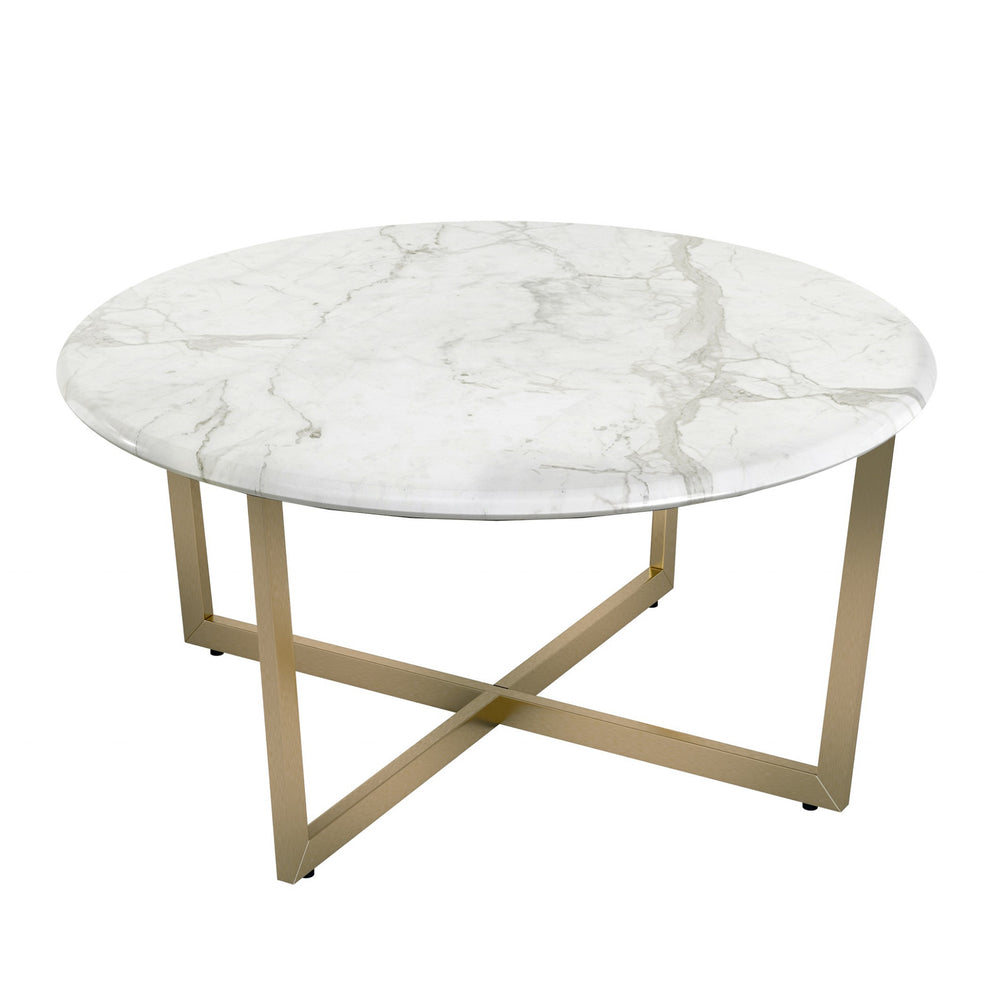 White on Gold Faux Marble Round Coffee Table By Homeroots | Coffee Tables | Modishstore - 3