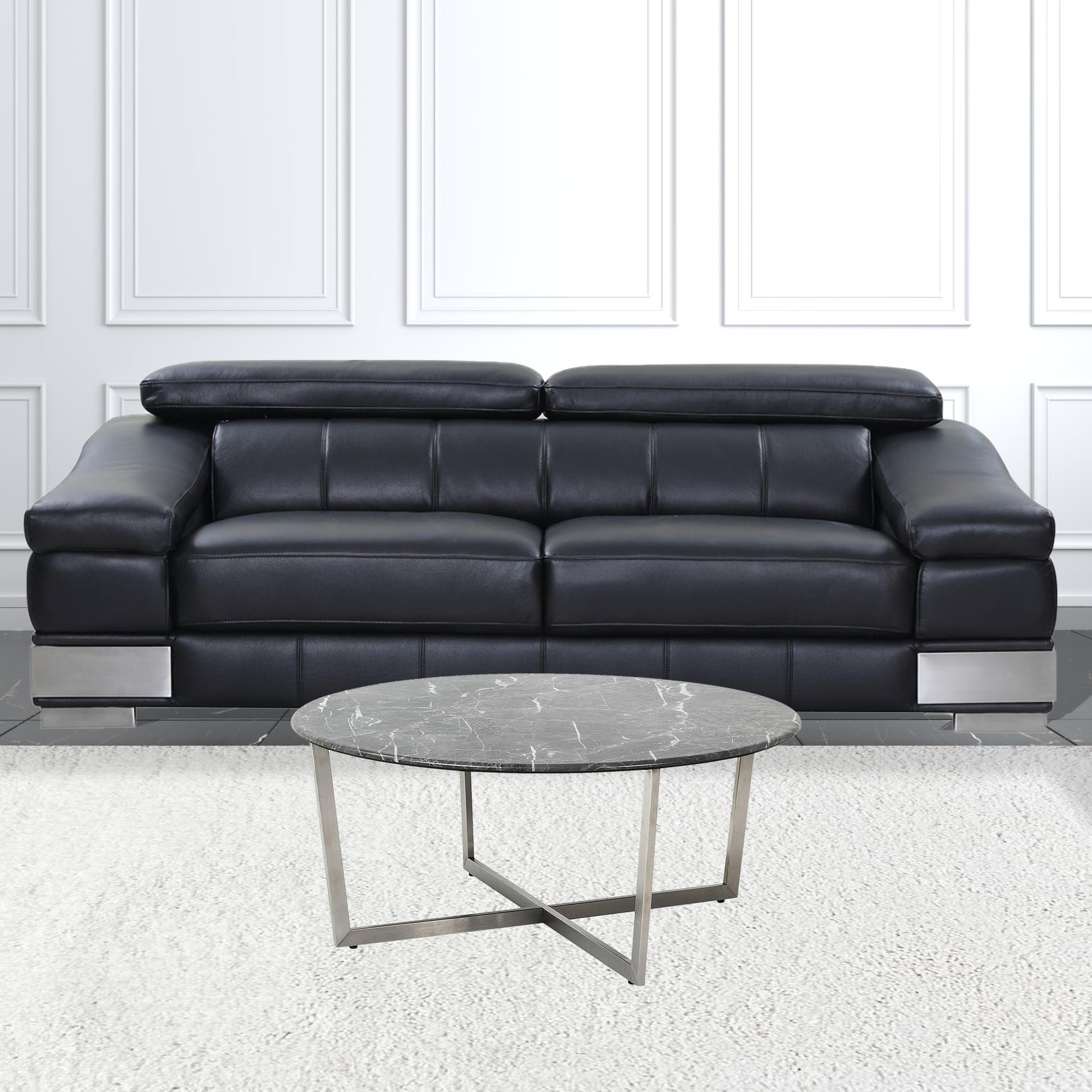 Black on Stainless Faux Marble Round Coffee Table By Homeroots | Coffee Tables | Modishstore - 6