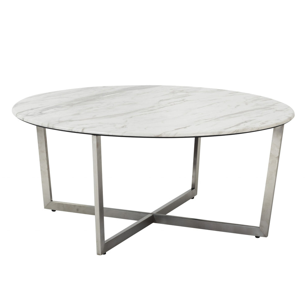 White on Stainless Faux Marble Round Coffee Table By Homeroots | Coffee Tables | Modishstore - 2