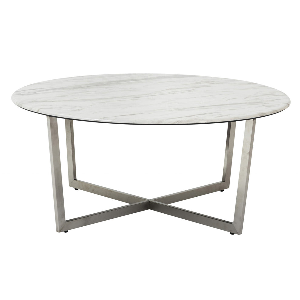 White on Stainless Faux Marble Round Coffee Table By Homeroots | Coffee Tables | Modishstore - 3