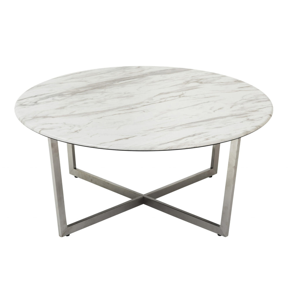 White on Stainless Faux Marble Round Coffee Table By Homeroots | Coffee Tables | Modishstore - 4