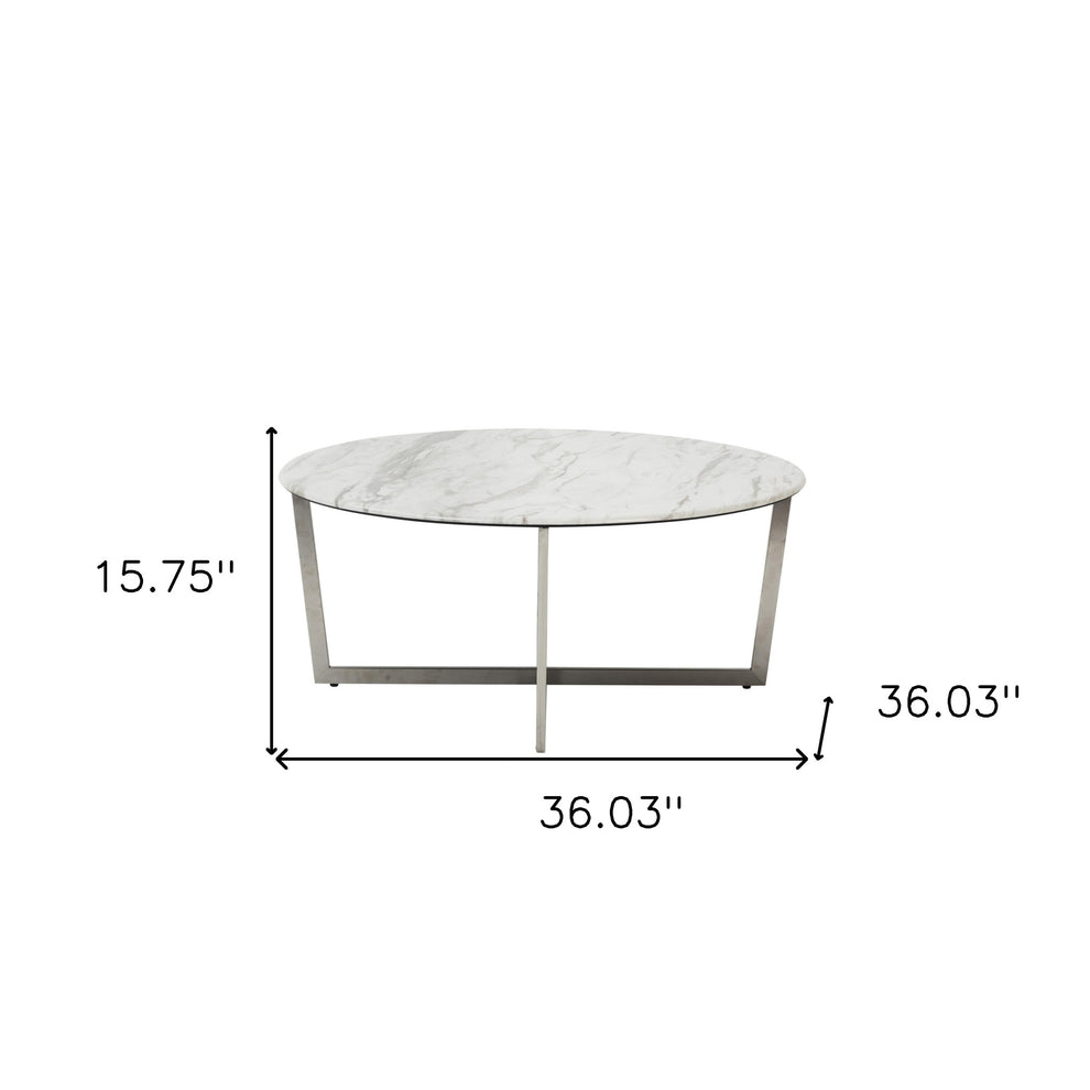 White on Stainless Faux Marble Round Coffee Table By Homeroots | Coffee Tables | Modishstore - 7