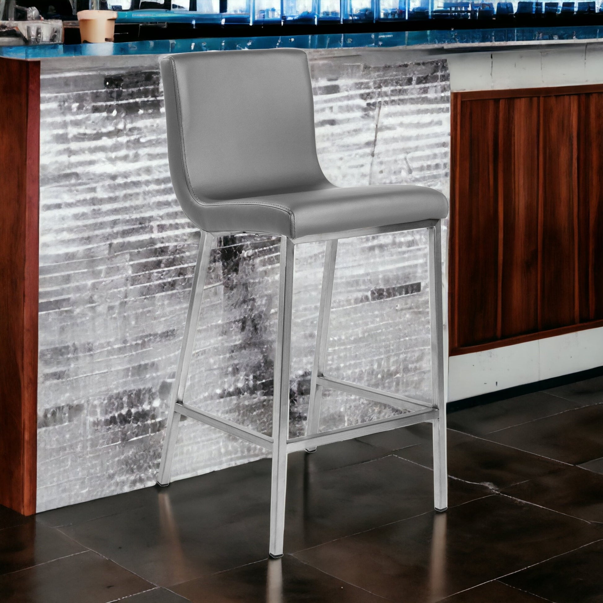 Set Of Two 36" Gray And Silver Steel Low Back Counter Height Bar Chairs With Footrest By Homeroots | Bar Stools | Modishstore - 5