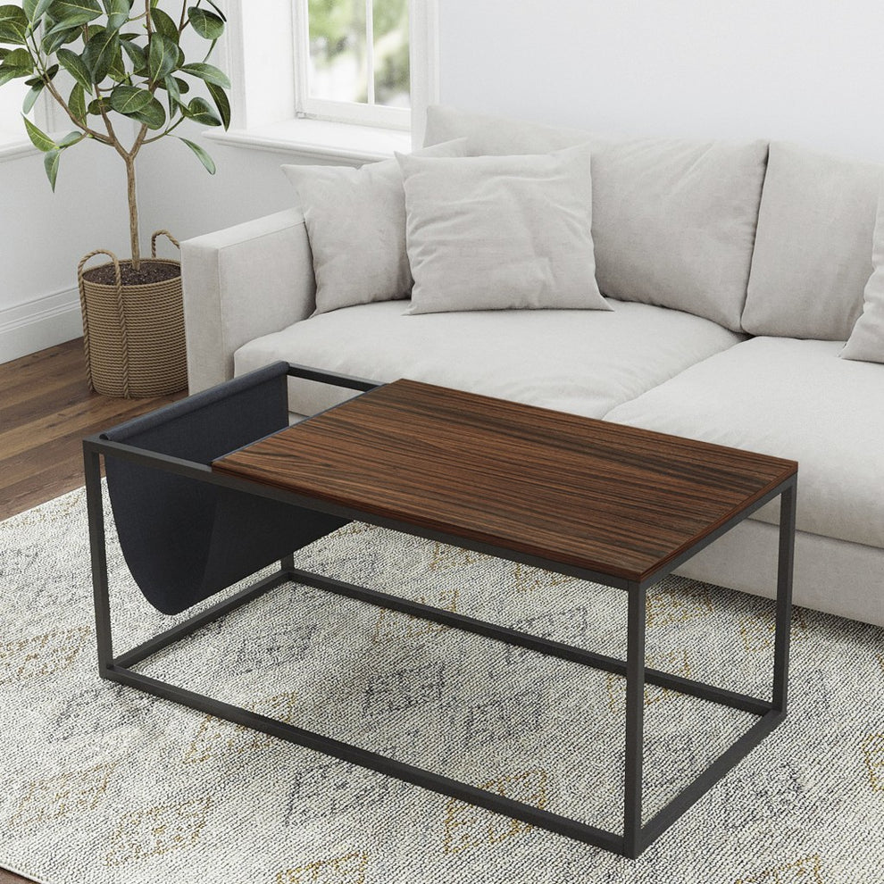 Modern Geo Black and Walnut Sofa Table with Magazine Holder By Homeroots | Coffee Tables | Modishstore - 2