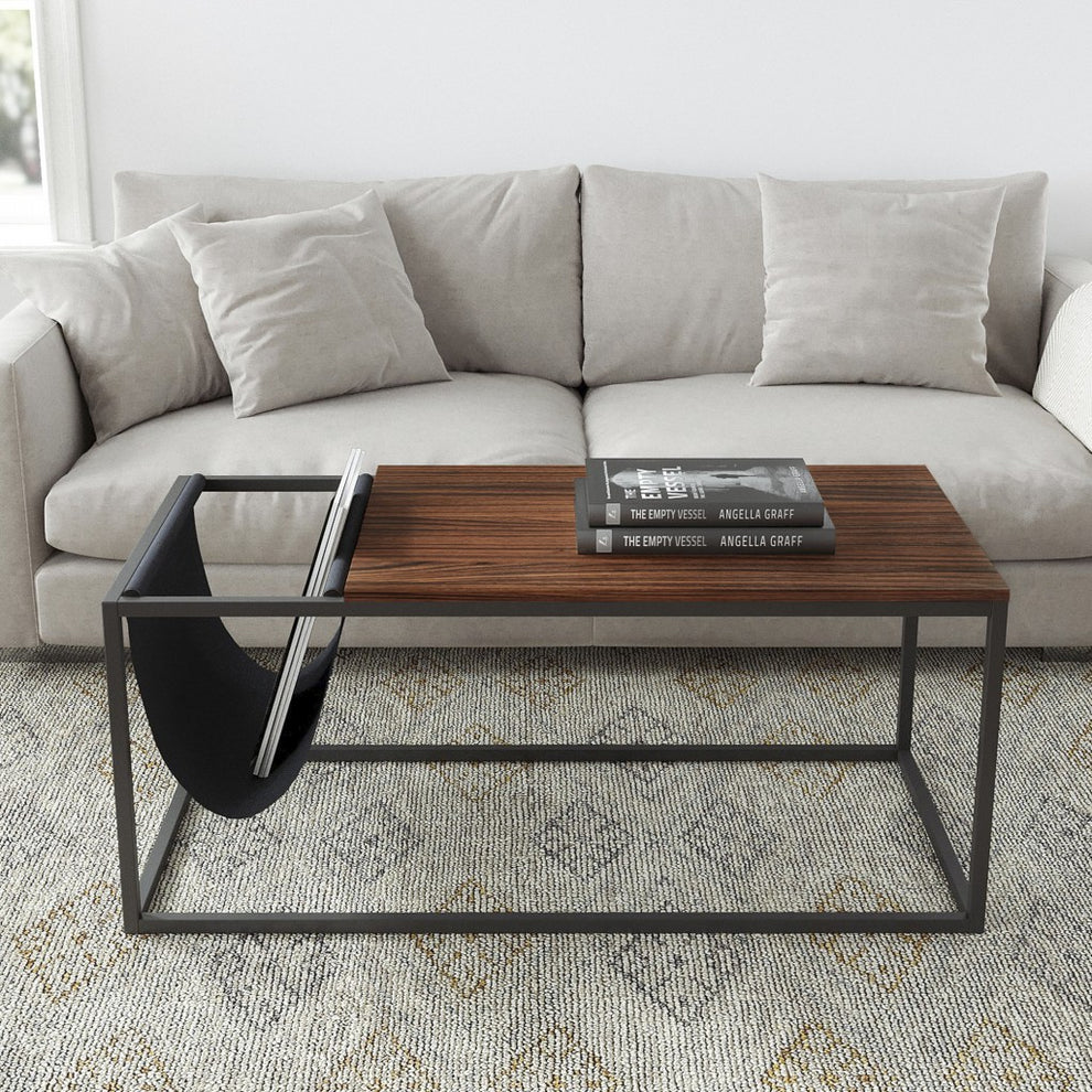 Modern Geo Black and Walnut Sofa Table with Magazine Holder By Homeroots | Coffee Tables | Modishstore - 3