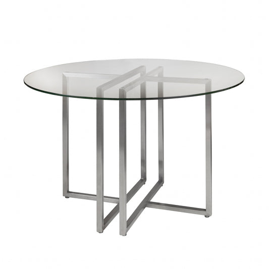 42" Glass Top Stainless Geo Base Round Dining Table By Homeroots | Dining Tables | Modishstore