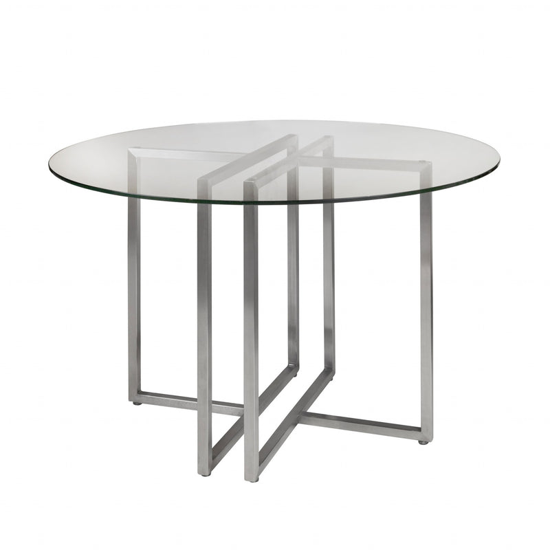 42" Glass Top Stainless Geo Base Round Dining Table By Homeroots | Dining Tables | Modishstore
