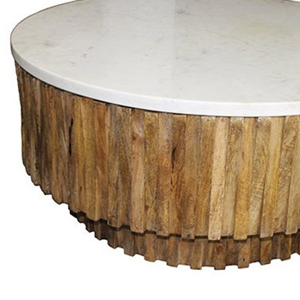 Round Marble Top and Wooden Strips Coffee Table By Homeroots | Coffee Tables | Modishstore - 2