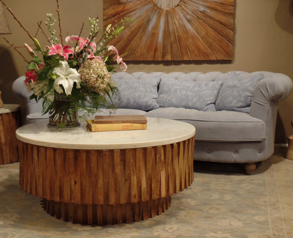 Round Marble Top and Wooden Strips Coffee Table By Homeroots | Coffee Tables | Modishstore - 4