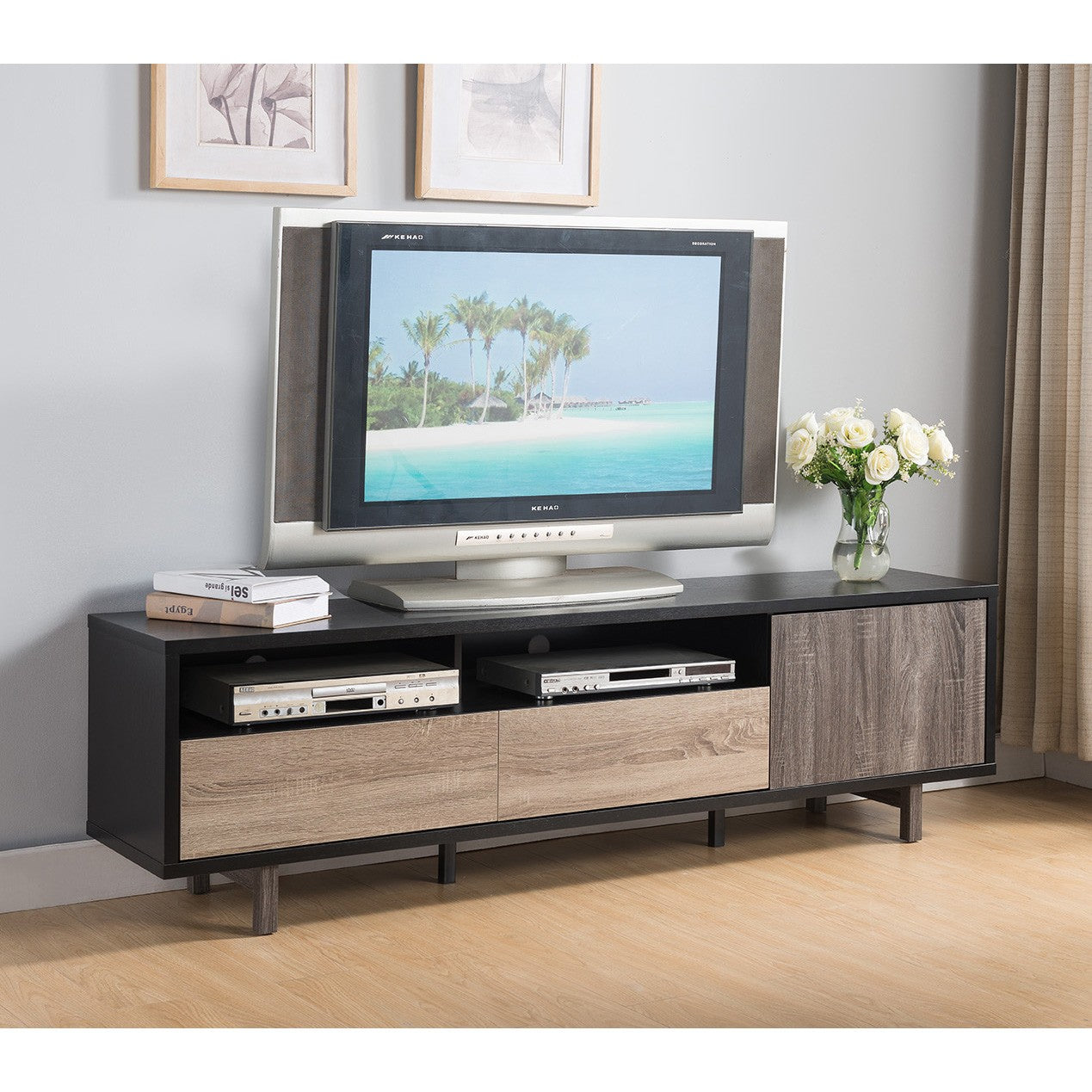 Stylish Black TV Console Cabinet with Dark Taupe and Distressed Grey Accents By Homeroots | TV Stands | Modishstore