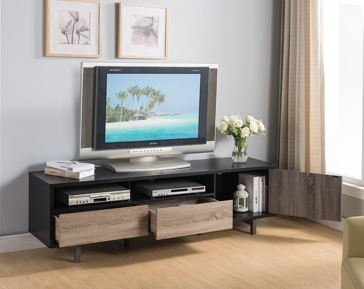 Stylish Black TV Console Cabinet with Dark Taupe and Distressed Grey Accents By Homeroots | TV Stands | Modishstore - 2