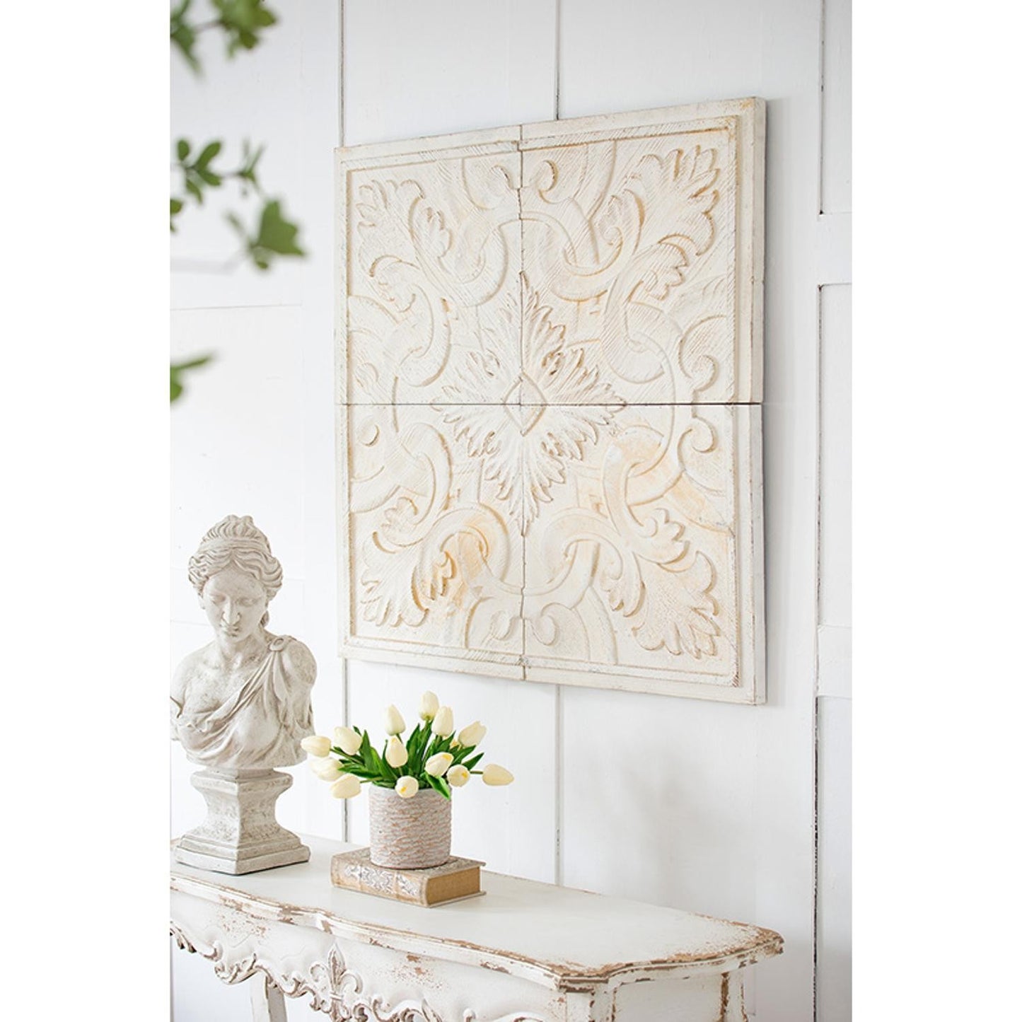 Set of 4 Whitewashed Arabesque Carved Wall Art By Homeroots | Wall Decor | Modishstore
