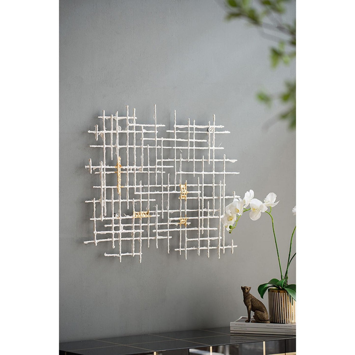 Contemporary Large White and Gold Geo Grid Wall Art By Homeroots | Wall Decor | Modishstore