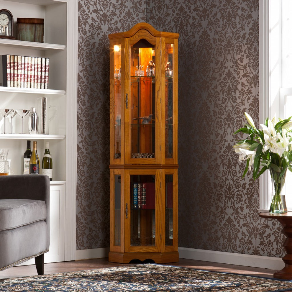 Golden Oak Scallop Top Lighted Corner Curio Cabinet By Homeroots | Cabinets | Modishstore