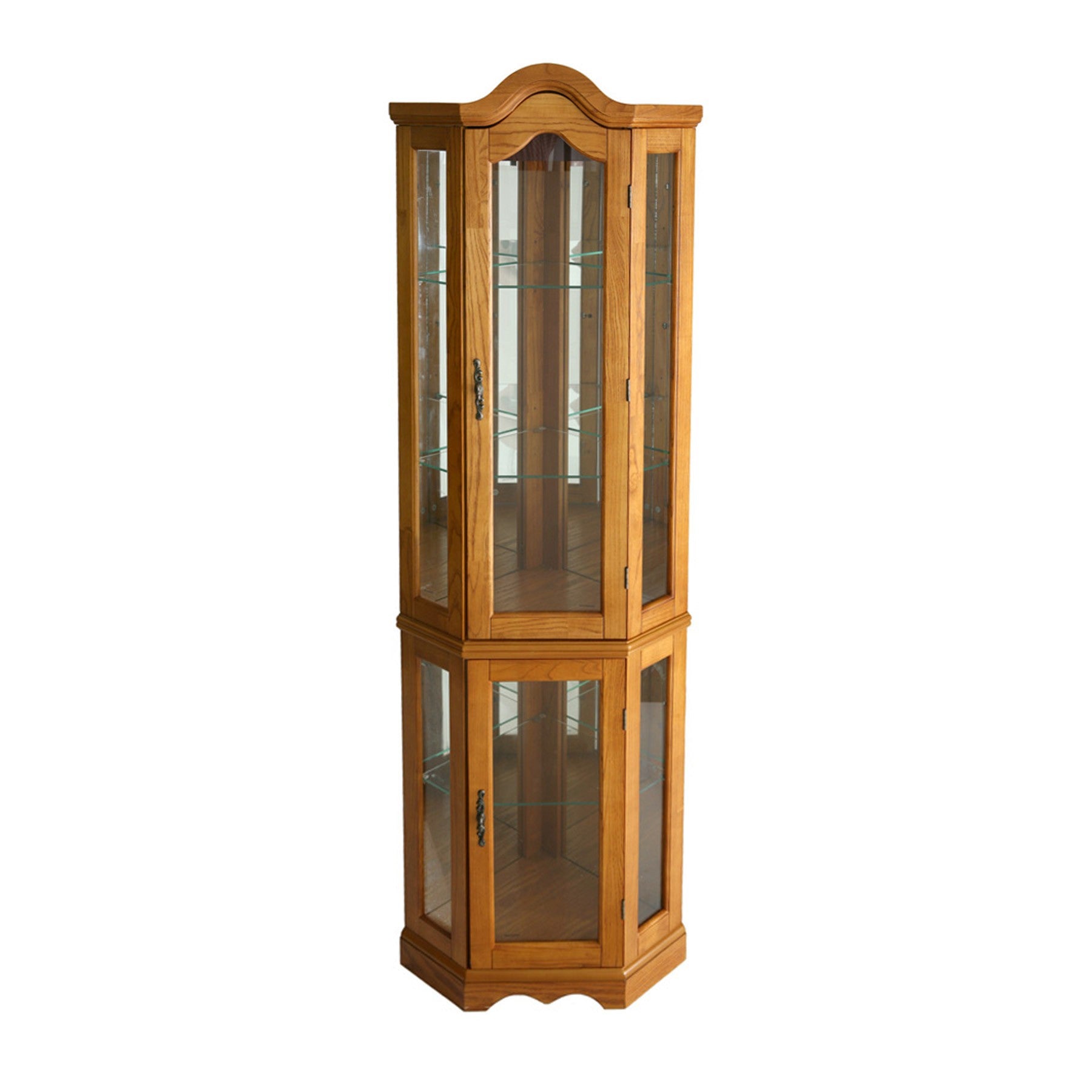 Golden Oak Scallop Top Lighted Corner Curio Cabinet By Homeroots | Cabinets | Modishstore - 2