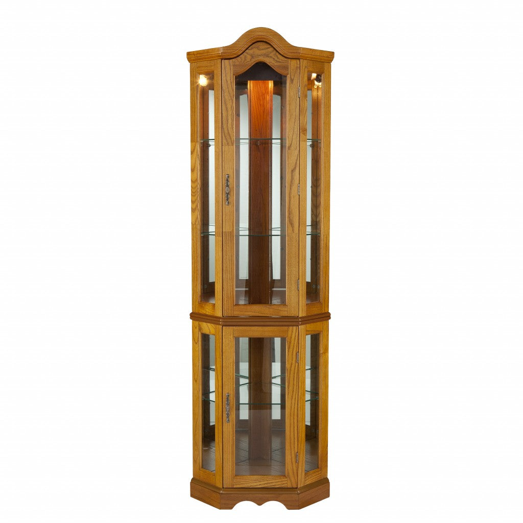 Golden Oak Scallop Top Lighted Corner Curio Cabinet By Homeroots | Cabinets | Modishstore - 3