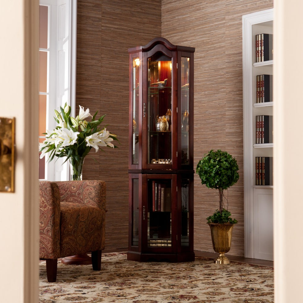 Golden Oak Scallop Top Lighted Corner Curio Cabinet By Homeroots | Cabinets | Modishstore - 5
