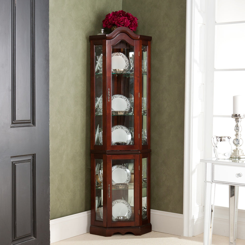 Golden Oak Scallop Top Lighted Corner Curio Cabinet By Homeroots | Cabinets | Modishstore - 7