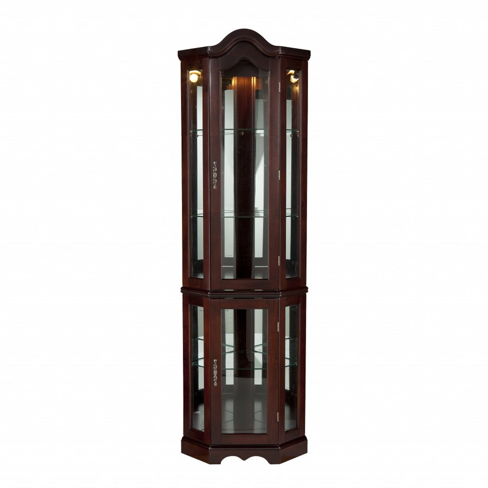 Golden Oak Scallop Top Lighted Corner Curio Cabinet By Homeroots | Cabinets | Modishstore - 8